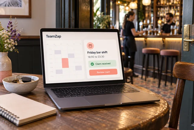Laptop showing a Friday bar shift from 18:00 to 23:30 with a claim awaiting review
