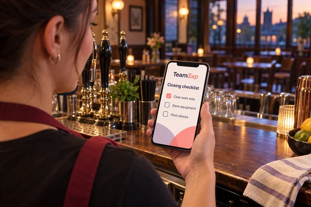 Bartender reading an illustrative closing checklist on a phone