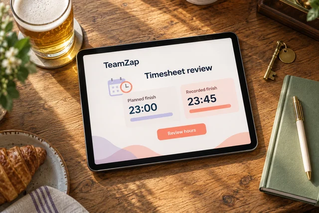 Tablet comparing an illustrative planned finish of 23:00 with a recorded finish of 23:45