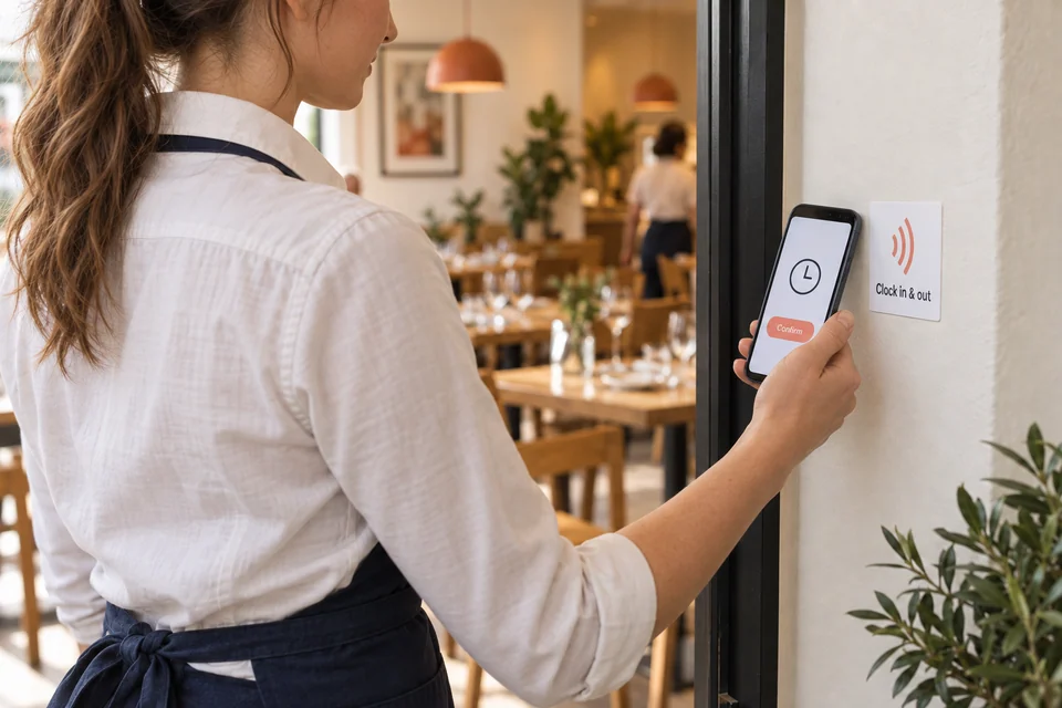 Restaurant employee holding a phone beside a flat square NFC clock in sticker at the staff entrance