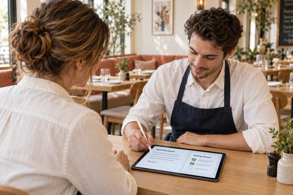 New restaurant employee completing a staff document on a tablet beside a manager