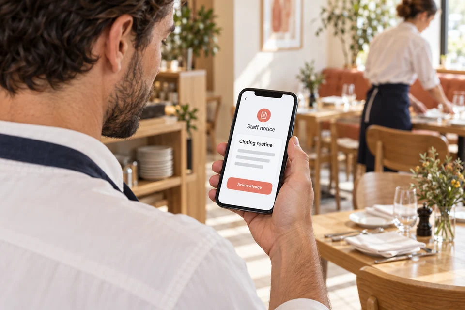 Restaurant employee reading a closing routine notice with an acknowledgement action on a phone