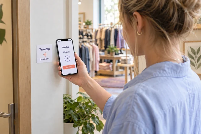 Retail employee holding a phone beside a flat square TeamZap NFC sticker, with a clock in confirmation on screen