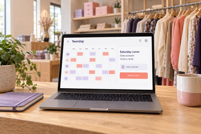 Laptop in a shop showing an illustrative Saturday sales assistant shift and a claim awaiting manager review