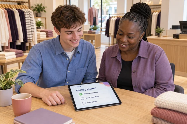 Retail supervisor and seasonal starter reviewing paperwork, store induction and till training tasks