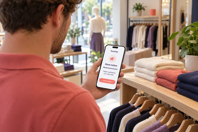Retail employee reading a weekend promotion notice with an acknowledgement button on a phone