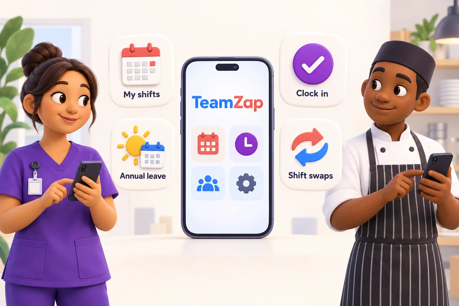 Illustration of staff using TeamZap for shifts, attendance, annual leave and shift swaps
