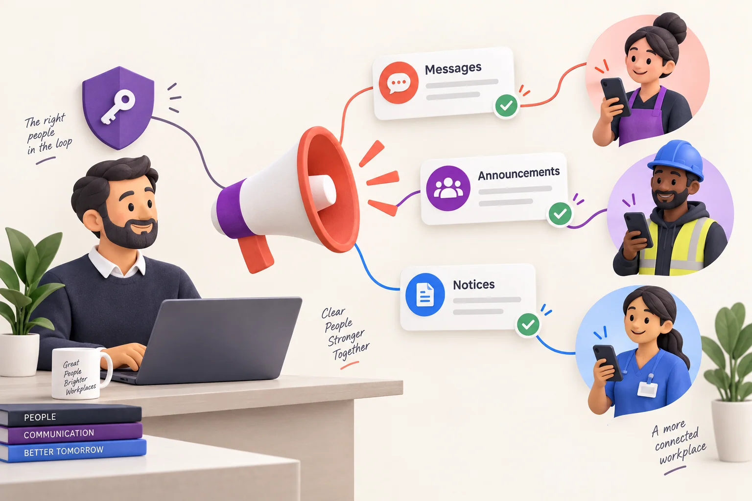 Illustration of employer-managed messages, announcements and notices reaching staff phones